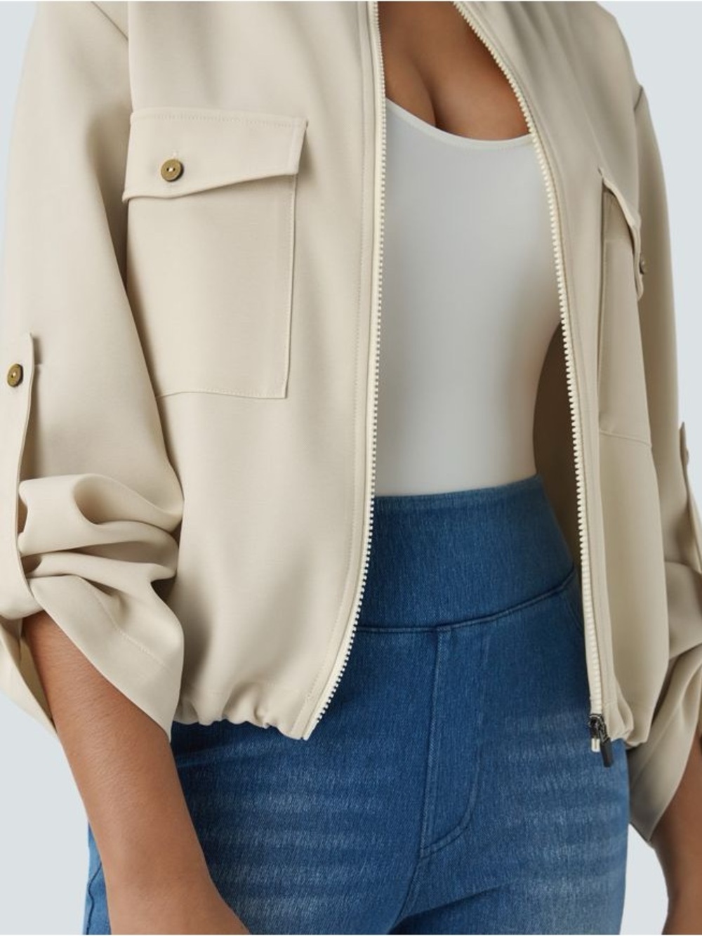 Halara Stand Collar Zip Jacket M Beige Arctic Wolf Drawstring Hem Casual - Picture 5 of 8